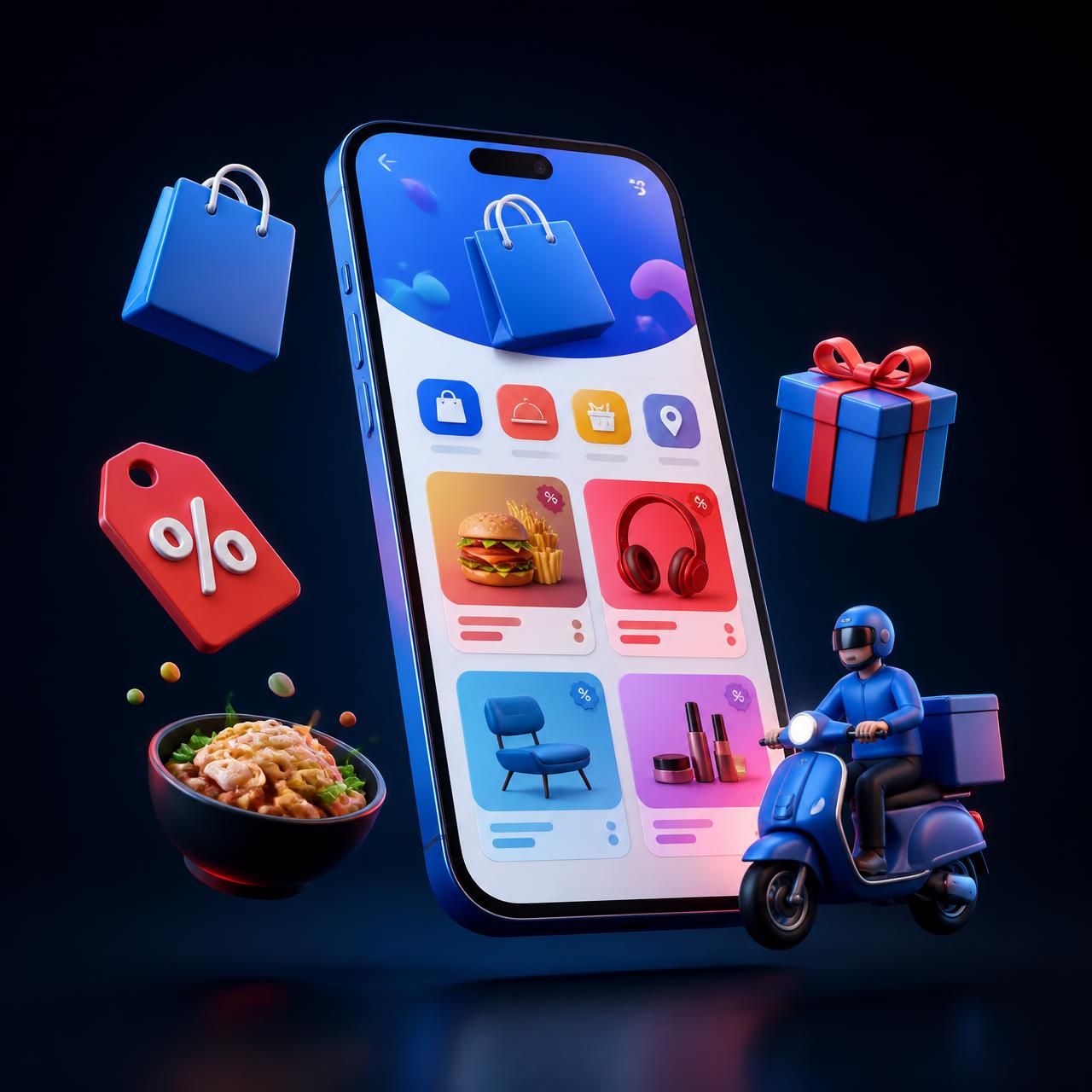 SUKI app on a smartphone surrounded by local shopping, food and delivery icons